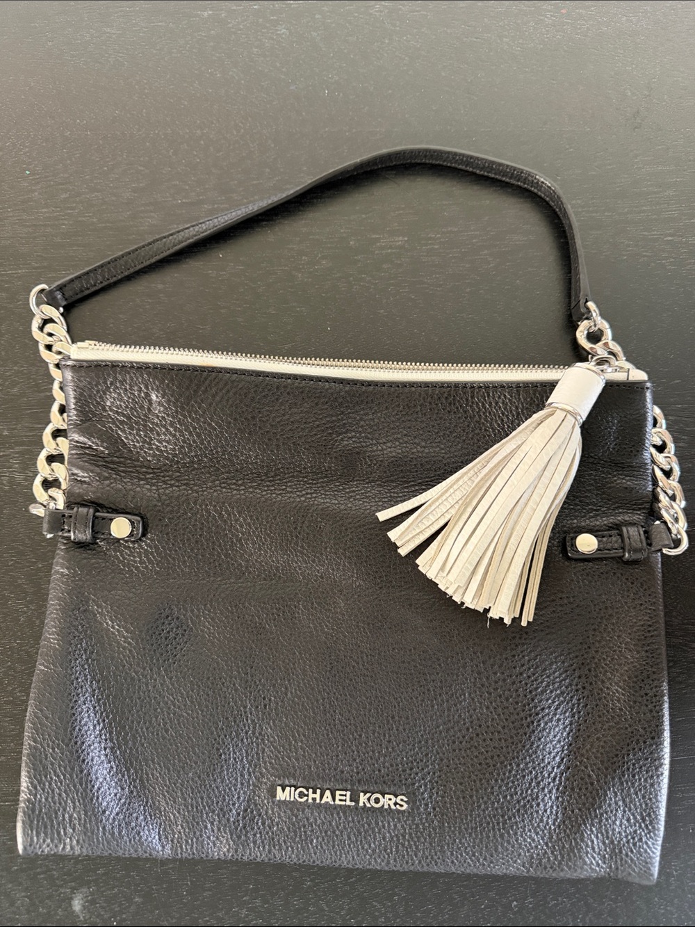 Michael Kors Black Leather Shoulder Bag with White Tassel